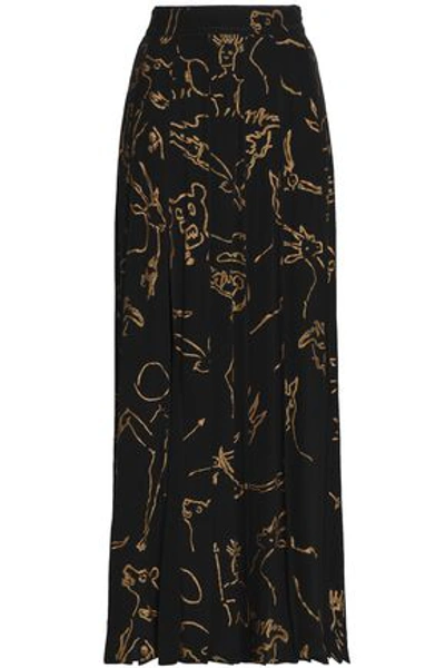 Valentino Woman Pleated Printed Silk Maxi Skirt Black