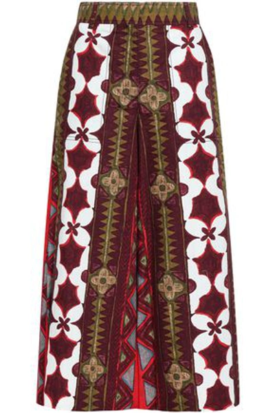 Valentino Woman Printed Cotton And Linen-blend Culottes Burgundy