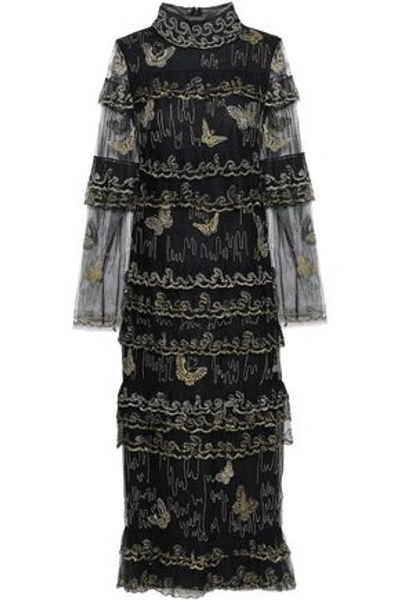 Valentino Tiered Metallic Embroidered Tulle Midi Dress In Black