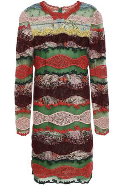 Valentino Woman Paneled Cotton-blend Lace, Point D'esprit And Printed Crepe De Chine Mini Dress Mult In Multicolor