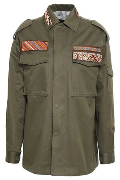 Valentino Woman Embellished Embroidered Cotton-twill Jacket Army Green