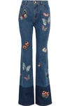 VALENTINO EMBROIDERED TWO-TONE MID-RISE BOOTCUT JEANS,3074457345620116150