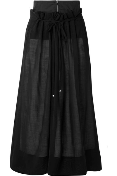 Tibi Gauze-overlay Wool-blend Midi Skirt In Black
