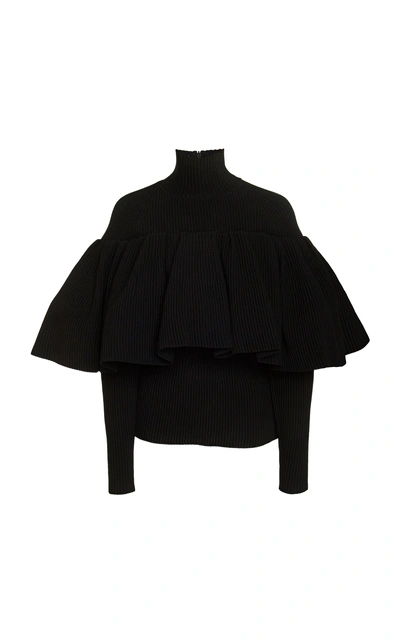 Carolina Herrera Ruffle-trimmed Rib Knit Sweater In Black
