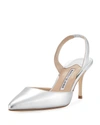 MANOLO BLAHNIK CAROLYNE METALLIC LEATHER MID-HEEL SLINGBACK PUMPS,PROD146600012