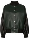 PLAN C CONTRAST SLEEVE BUTTON DOWN LEATHER BOMBER JACKET