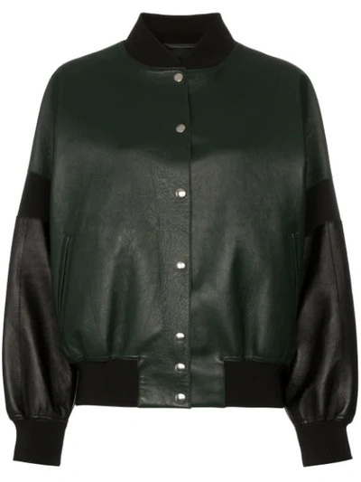 Plan C Contrast Sleeve Button Down Leather Bomber Jacket In Green