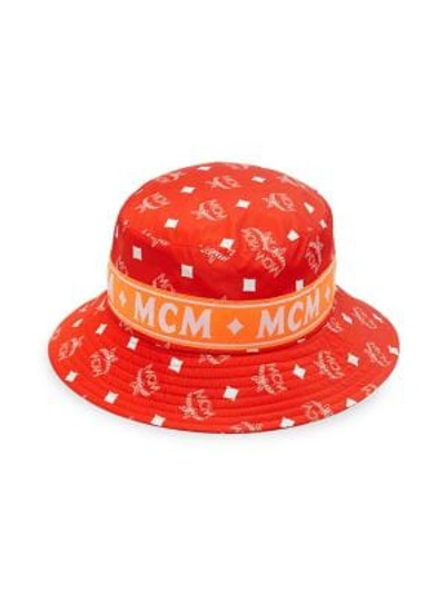 Mcm White Logo Nylon Bucket Collection  Hat In Flame