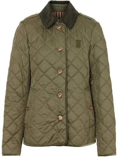 Burberry Monogram Motif Diamond Quilted Jacket In Olive Green