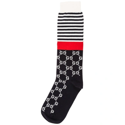Gucci Navy And White Logo Intarsia Cotton Blend Socks In Blue