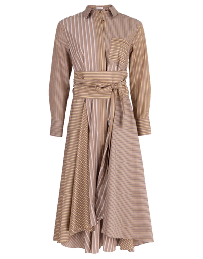 Brunello Cucinelli Bead-embellished Striped Cotton-jacquard Midi Shirt Dress In Camel Saffron