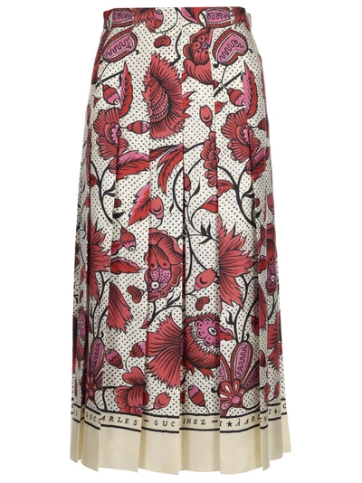 Gucci Watercolor Floral Print Pleated Silk Twill Midi Skirt In Multicolor