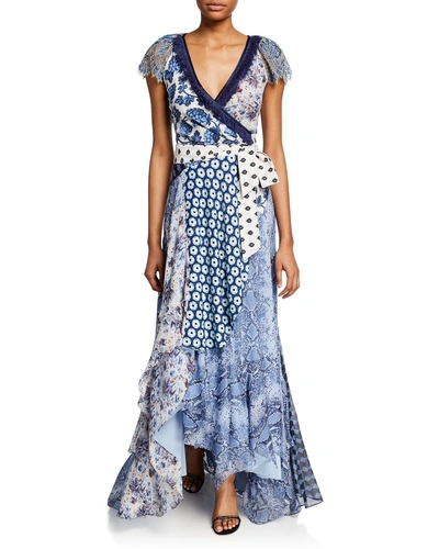 Diane Von Furstenberg Ava Patchwork-print Asymmetric Silk Wrap Dress In Blue