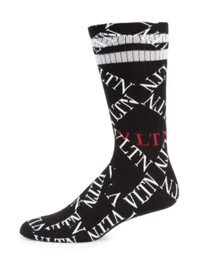 Valentino Men's Vltn Logo Socks With Stripe Trim In Black And White