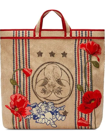 Gucci Beige Floral Embroidered Pig Patch Jute Tote Bag In Brown