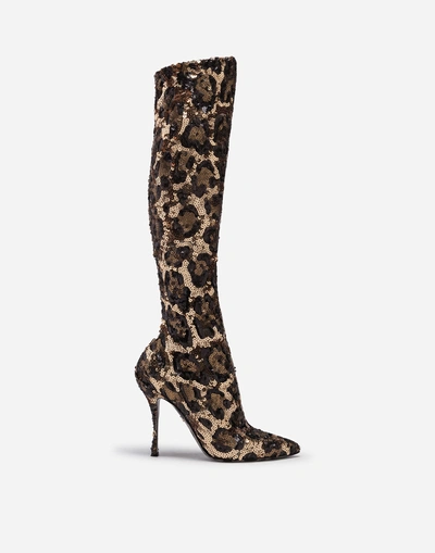 Dolce & Gabbana 105mm Leopard Sequined Knee High Boots In Leopard Print