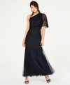 ADRIANNA PAPELL SEQUINED BLOUSON ONE-SHOULDER GOWN
