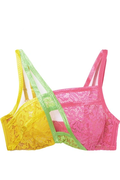 Agent Provocateur Marty Neon Mesh-trimmed Colour-block Stretch-lace Underwired Bra In Yellow