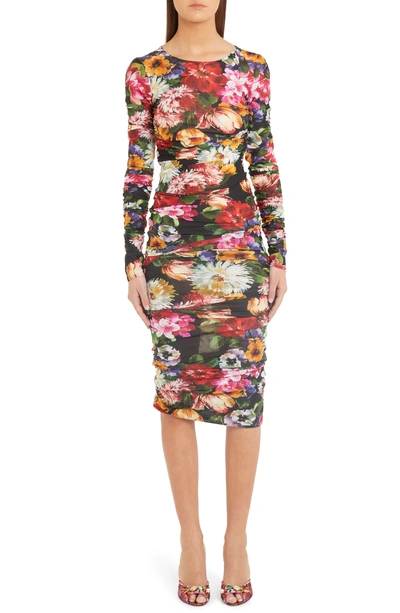 Dolce & Gabbana Long-sleeve Floral Ruched Bodycon Midi Dress In Floral Print