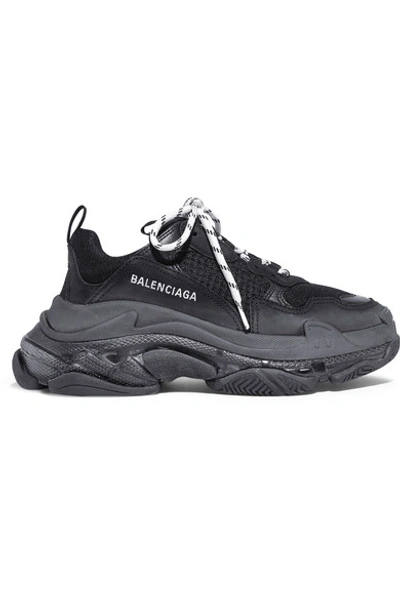 Balenciaga Triple S Logo-embroidered Leather, Nubuck And Mesh Sneakers In Black