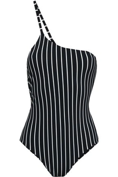 Alix Woman Striped One-shoulder Swimsuit Black