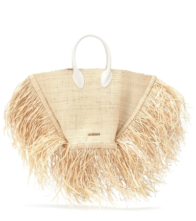 Jacquemus Le Baci Leather-trimmed Fringed Raffia Tote In Beige
