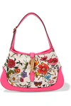 GUCCI JACKIE HOBO MEDIUM FLORAL-PRINT CANVAS AND TEXTURED-LEATHER SHOULDER BAG