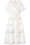TORY BURCH TIERED EMBROIDERED COTTON-POPLIN WRAP MAXI DRESS