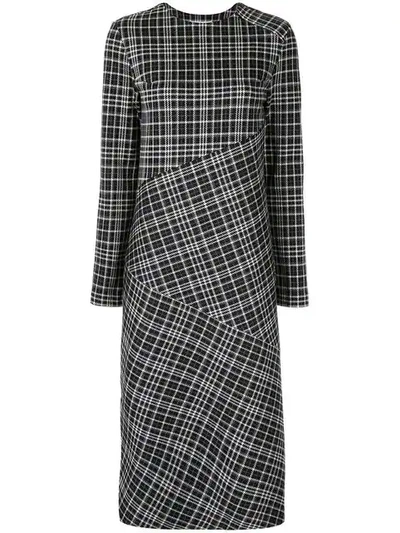 Le Ciel Bleu Long-sleeve Plaid Midi Dress In Black