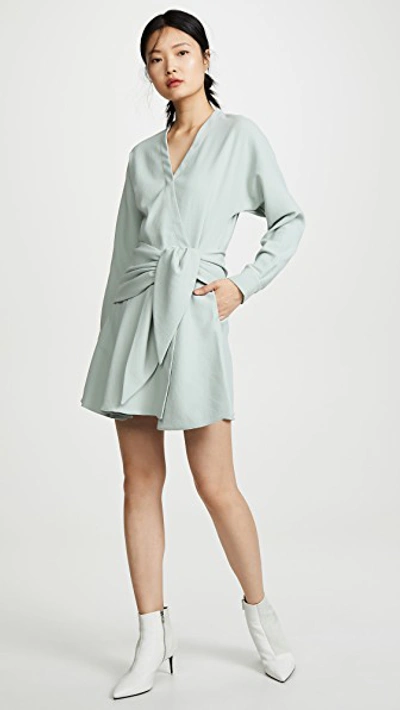 Tibi Draped Long-sleeve Belted Short Dress In Ash Green