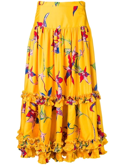 La Doublej Salsa Orchidea Giallo High-rise Silk Midi Skirt In Yellow