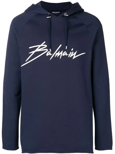 Balmain Logo Print Cotton Sweatshirt Hoodie In Blue