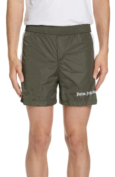 Palm Angels Mid-length Striped Swim Shorts In Army Green