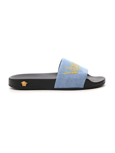 Versace Embroidered Logo Slides In Black