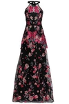 MARCHESA NOTTE EMBROIDERED NEOPRENE AND FLOCKED TULLE HALTERNECK GOWN,3074457345620373894