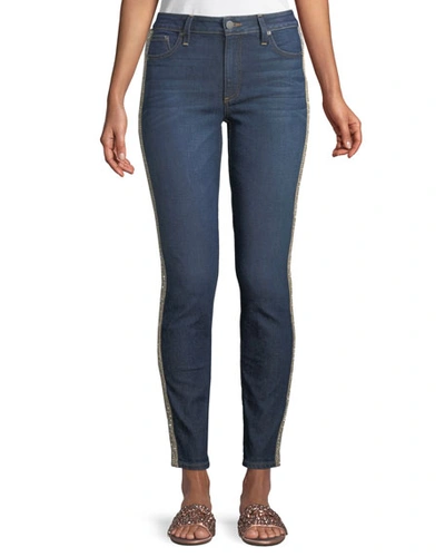 Alice And Olivia Good Mid-rise Skinny Jeans With Crystal Stripes In Medium Blue