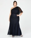 ADRIANNA PAPELL PLUS SIZE BEADED ONE-SHOULDER GOWN