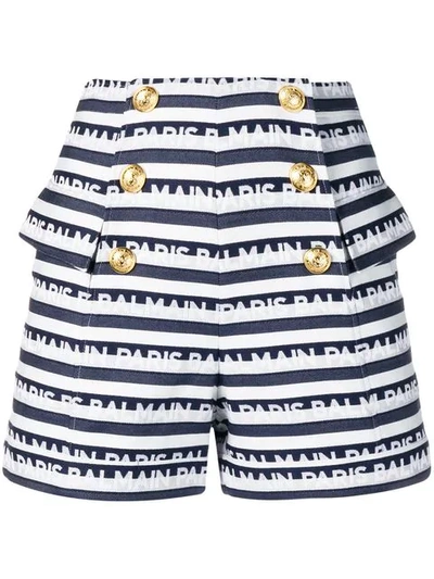 Balmain Logo-striped Cotton Shorts In Blue
