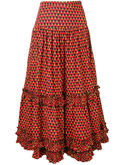 La Doublej Salsa Geometric-print Tiered Cotton Midi Skirt In Red