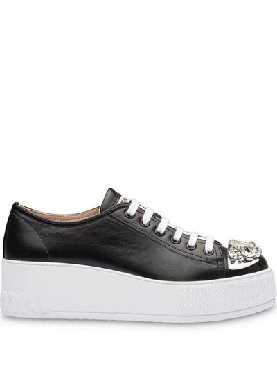 Miu Miu Jewelled Cap-toe Leather Platform Sneakers In Black