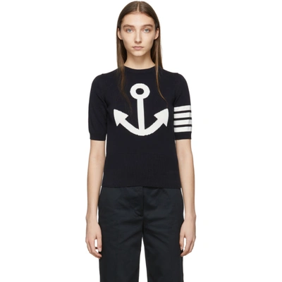 Thom Browne 4-bar Anchor Icon Intarsia Tee In 415 Navy