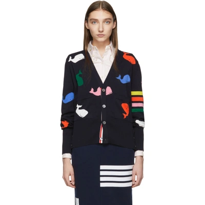 Thom Browne Navy Whale Icon Cardigan In 415 Navy