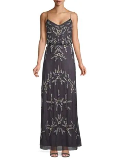 Adrianna Papell Beaded Blouson Gown In Gunmetal