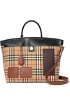 BURBERRY LEATHER-TRIMMED CHECKED COTTON-DRILL TOTE