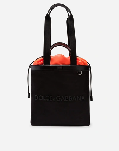 Dolce & Gabbana Shopping Bag In Nylon With Rubberized Logo In Black