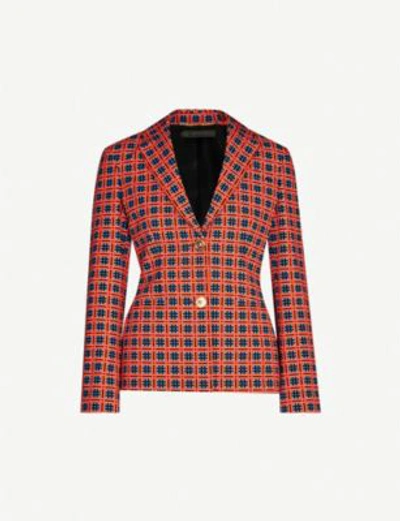 Versace Geometric-check Stretch-cotton Blazer In Red + Print