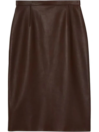 Burberry High Waist Tailored Leather Pencil Skirt In Brown
