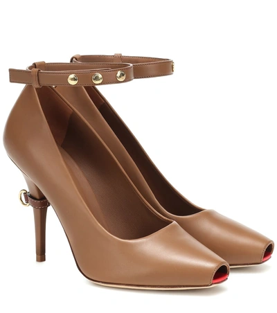 Burberry D-ring Detail Leather Peep-toe Pumps In Amber Brown