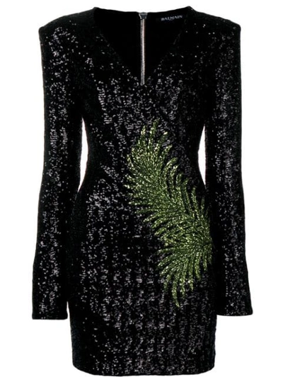 Balmain Leaf-motif Foldover Sequinned Dress In Black Green