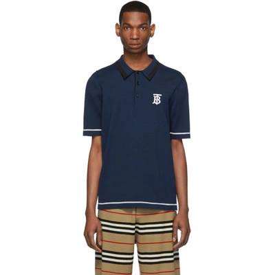 Burberry Monogram Motif Tipped Cotton Jersey Polo Shirt In Blue